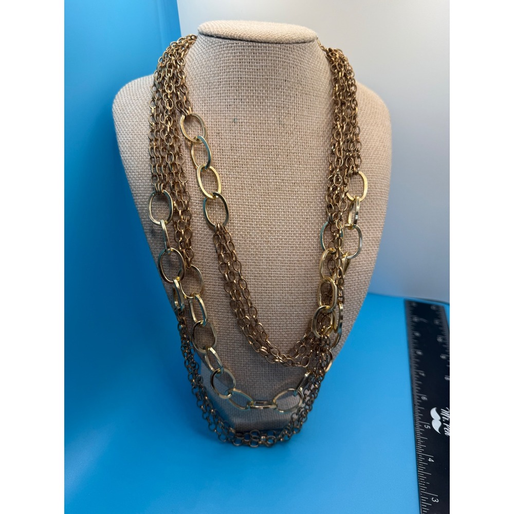 Gold Tone Multi Strand Layered Chain Necklace Statement Jewelry Lobster Clasp
